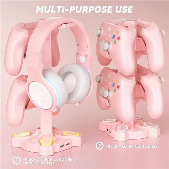 RGB Headphone Stand with 9 Light Modes - Rotatable Pink Game Headset Holder - Picture 3 of 6